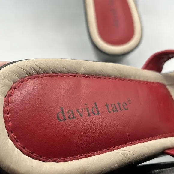 David Tate Cabo Wedge Red Leather Sandals 12W Open Toe Slide Woven knot Top