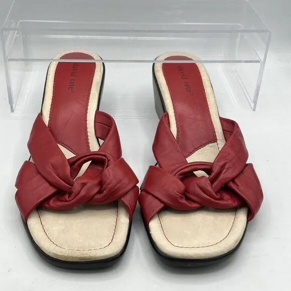 David Tate Cabo Wedge Red Leather Sandals 12W Open Toe Slide Woven knot Top