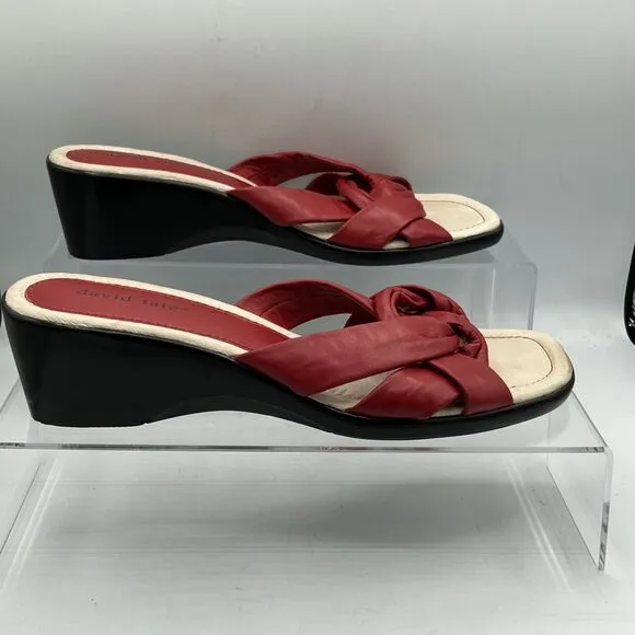 David Tate Cabo Wedge Red Leather Sandals 12W Open Toe Slide Woven knot Top