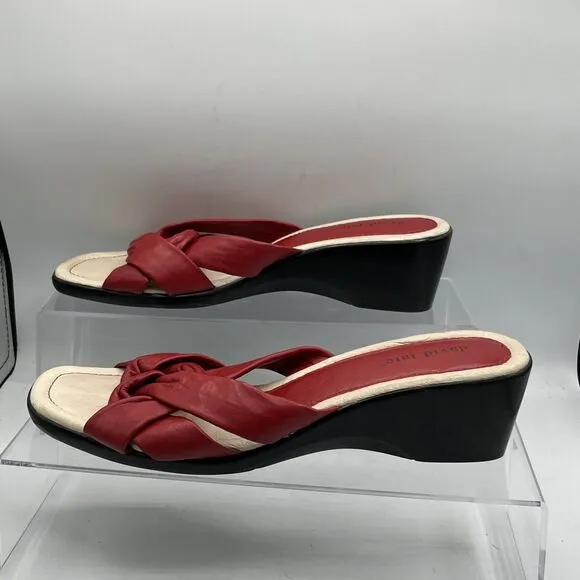 David Tate Cabo Wedge Red Leather Sandals 12W Open Toe Slide Woven knot Top