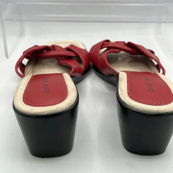 David Tate Cabo Wedge Red Leather Sandals 12W Open Toe Slide Woven knot Top