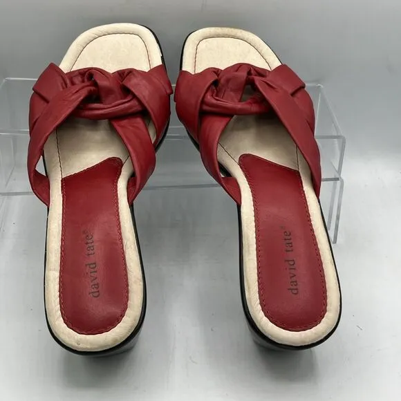 David Tate Cabo Wedge Red Leather Sandals 12W Open Toe Slide Woven knot Top
