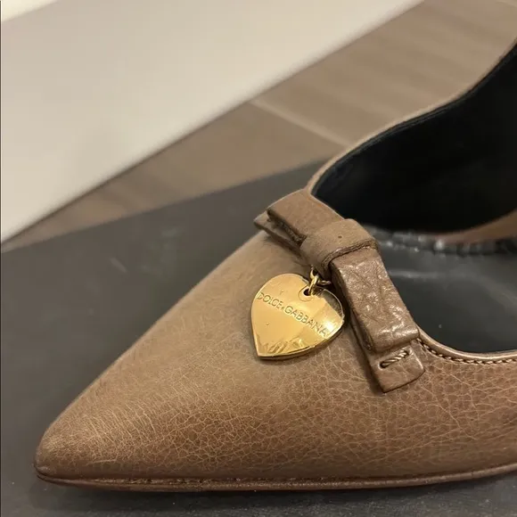 Dolce &amp; Gabbana Brown Leather Heels with Gold Embellishment