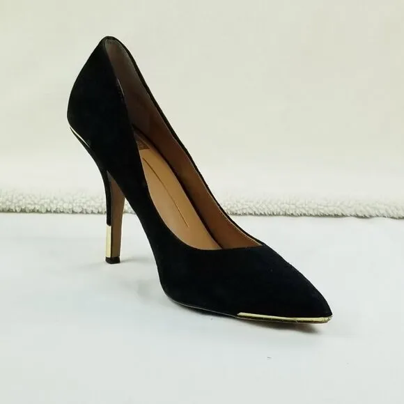Dolce Vita 8.5 Black Suede Gold Trim Heel Pointed Toe Women's Slip On Pumps Heel