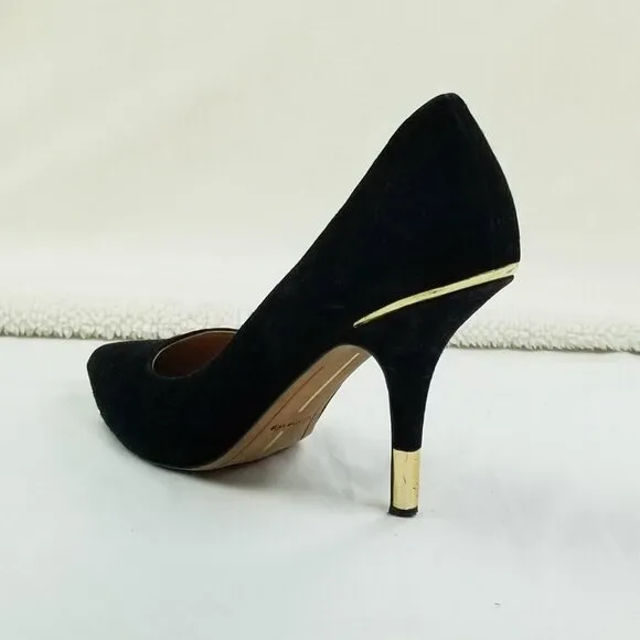 Dolce Vita 8.5 Black Suede Gold Trim Heel Pointed Toe Women's Slip On Pumps Heel