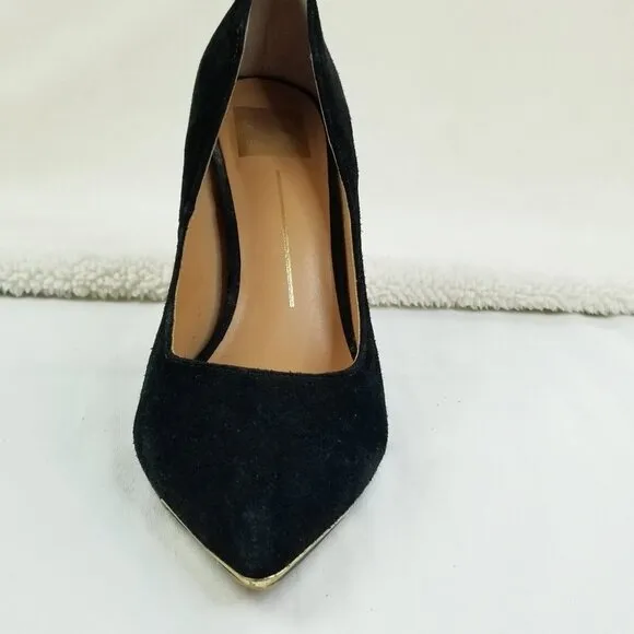Dolce Vita 8.5 Black Suede Gold Trim Heel Pointed Toe Women's Slip On Pumps Heel