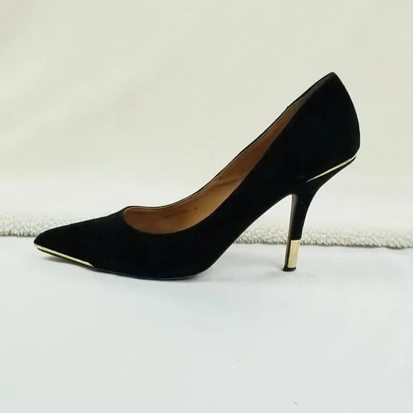 Dolce Vita 8.5 Black Suede Gold Trim Heel Pointed Toe Women's Slip On Pumps Heel