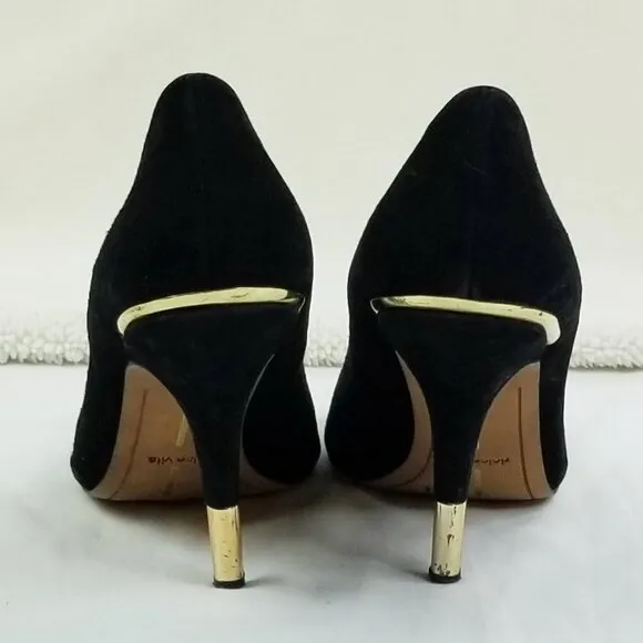 Dolce Vita 8.5 Black Suede Gold Trim Heel Pointed Toe Women's Slip On Pumps Heel