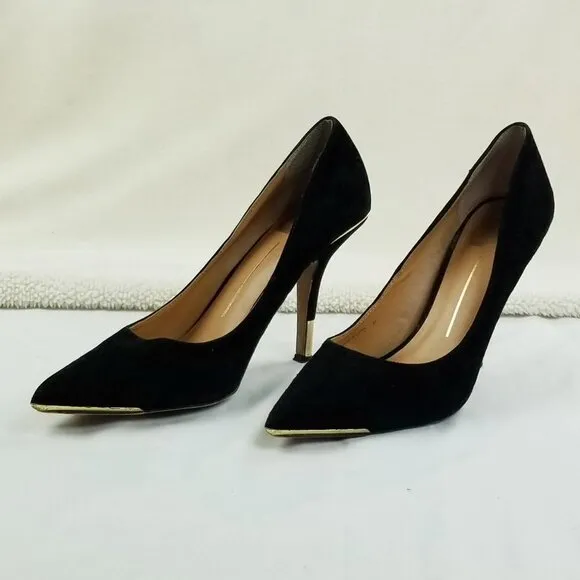 Dolce Vita 8.5 Black Suede Gold Trim Heel Pointed Toe Women's Slip On Pumps Heel