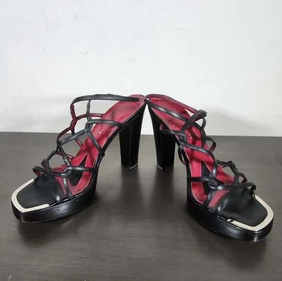 Donald J Pliner Black Strappy Square Toe Low Platform 5&quot; Cone High Heels S 9M