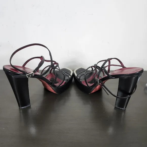 Donald J Pliner Black Strappy Square Toe Low Platform 5&quot; Cone High Heels S 9M