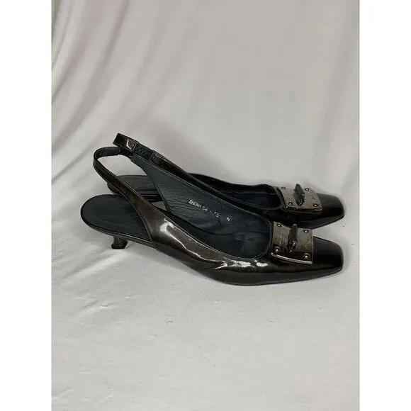 Donald J Pliner Kitten Heel Pumps Black Patent Leather Silver‎ Buckle Size 7.5 N
