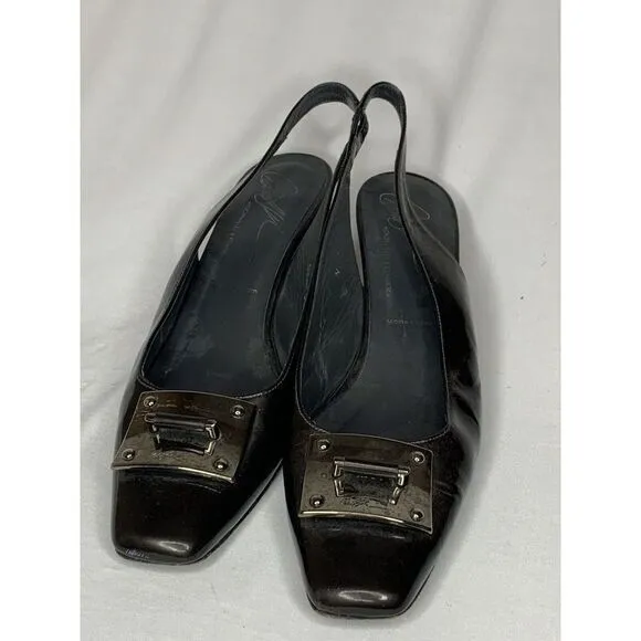Donald J Pliner Kitten Heel Pumps Black Patent Leather Silver‎ Buckle Size 7.5 N