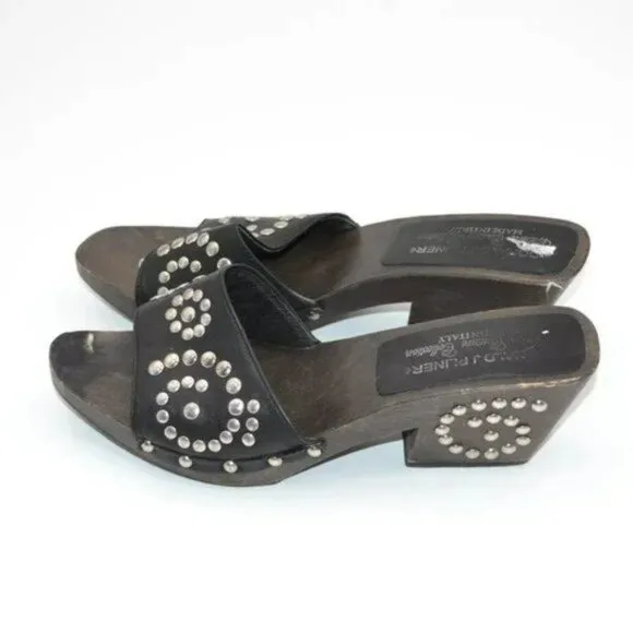 Donald J Pliner Western Couture Black Leather Studded Stud Clogs Mules Heels 7
