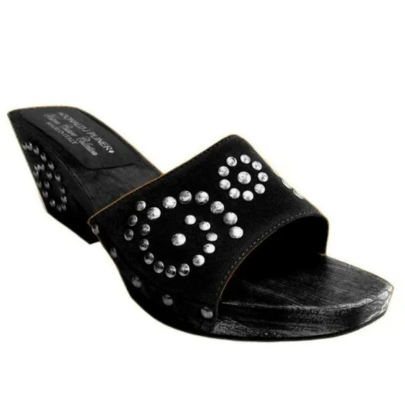 Donald J Pliner Western Couture Black Leather Studded Stud Clogs Mules Heels 7