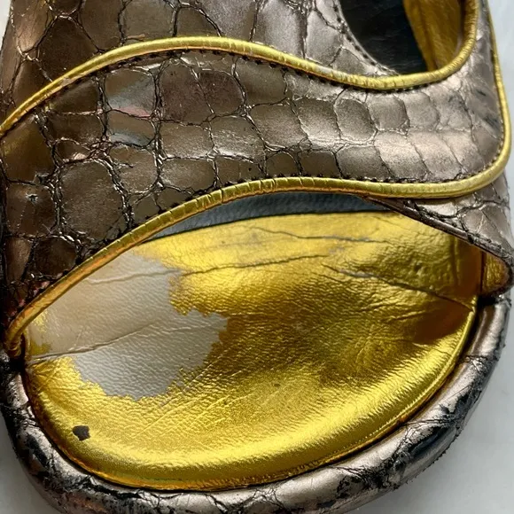Dries Van Noten leather embossed croc print sandals, silver/gold trim, GUC, 6.5