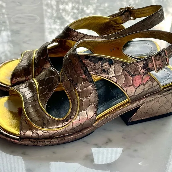 Dries Van Noten leather embossed croc print sandals, silver/gold trim, GUC, 6.5