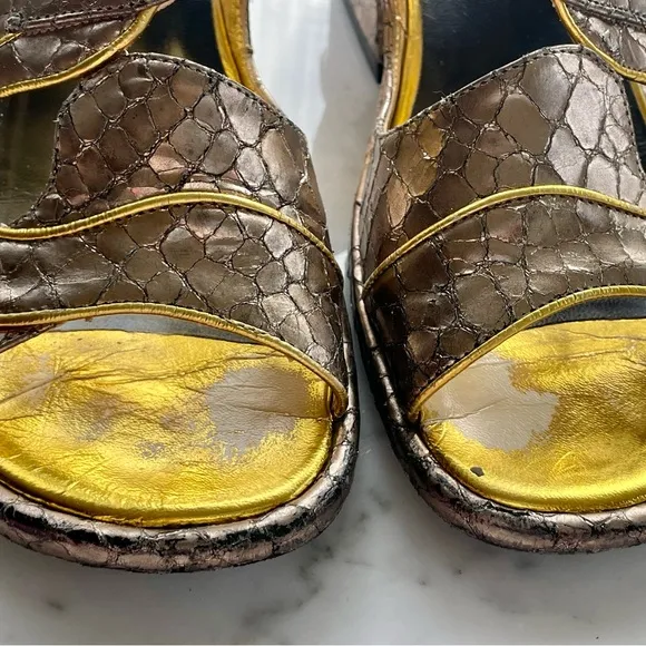 Dries Van Noten leather embossed croc print sandals, silver/gold trim, GUC, 6.5