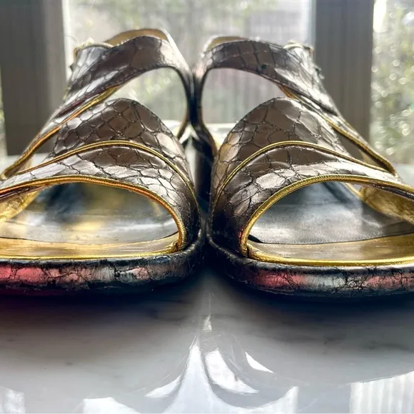 Dries Van Noten leather embossed croc print sandals, silver/gold trim, GUC, 6.5