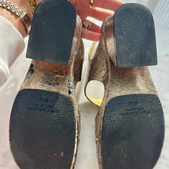 Dries Van Noten leather embossed croc print sandals, silver/gold trim, GUC, 6.5
