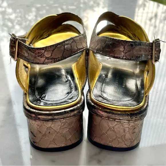 Dries Van Noten leather embossed croc print sandals, silver/gold trim, GUC, 6.5