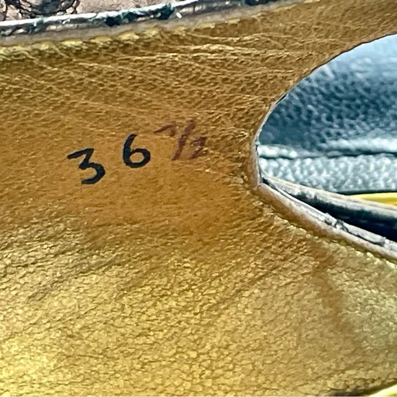 Dries Van Noten leather embossed croc print sandals, silver/gold trim, GUC, 6.5