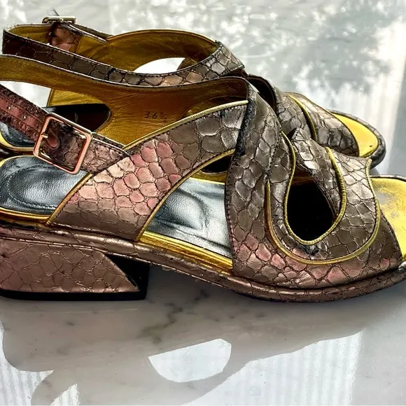 Dries Van Noten leather embossed croc print sandals, silver/gold trim, GUC, 6.5