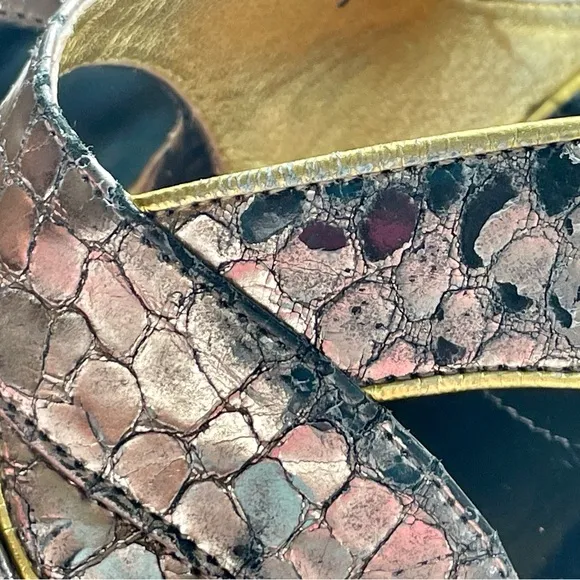 Dries Van Noten leather embossed croc print sandals, silver/gold trim, GUC, 6.5