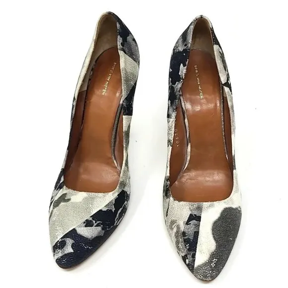 Dries Van Noten Snake Lizard Camo Black Grey Ivory Metallic Pumps Shoes 39 8.5 9