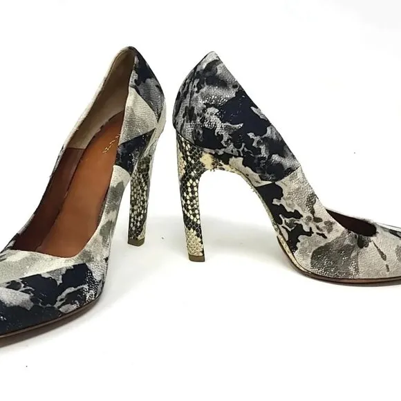 Dries Van Noten Snake Lizard Camo Black Grey Ivory Metallic Pumps Shoes 39 8.5 9