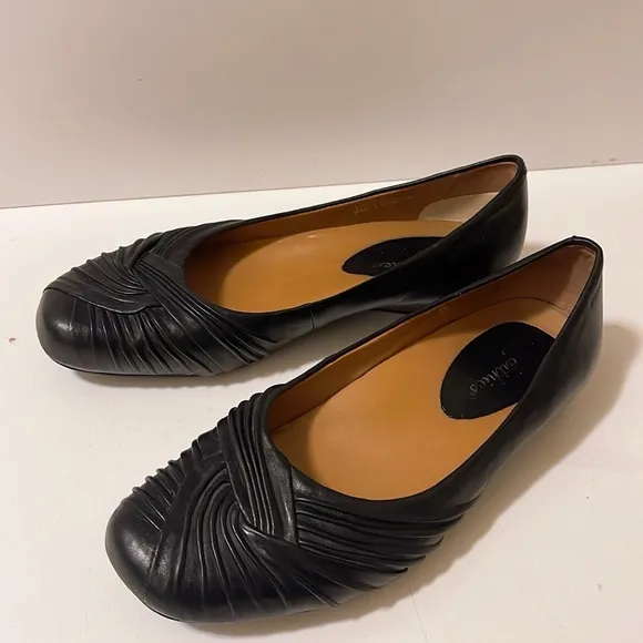 Earthies Black Gathered Ruche Leather Flats Shoes VANYA 8 Medium Excellen...