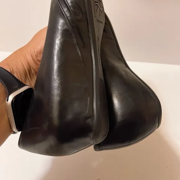 Earthies Black Gathered Ruche Leather Flats Shoes VANYA 8 Medium Excellen...