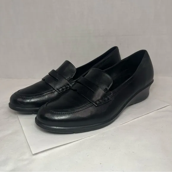 Ecco Felicia Penny Loafer Leather Shoes Low Heel Black Women 10-10.5