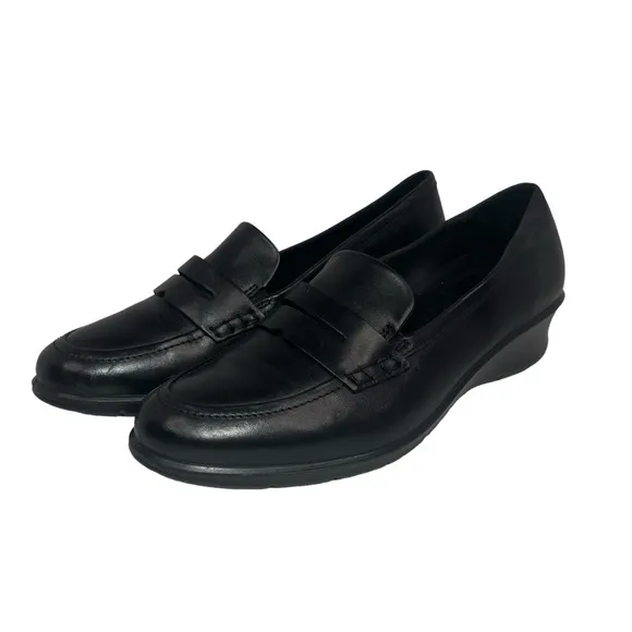 Ecco Felicia Penny Loafer Leather Shoes Low Heel Black Women 10-10.5