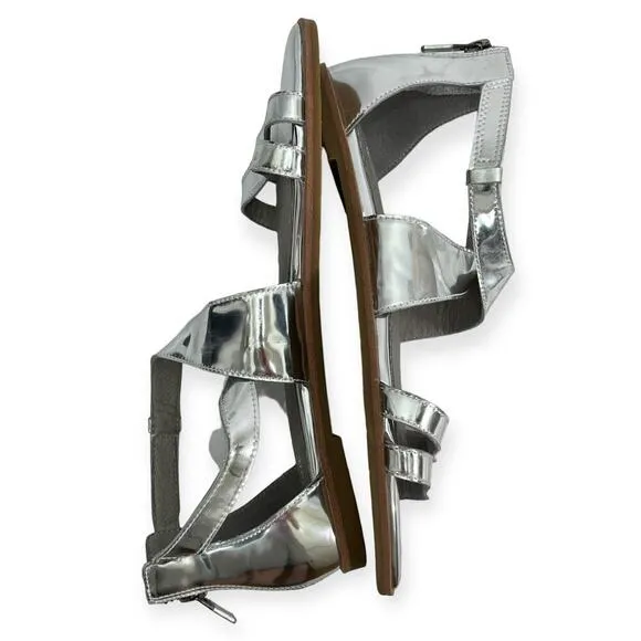 Eileen Fisher NEW CiCi Strappy Zip Leather Sandals Silver Mirror Metallic Sz 6.5