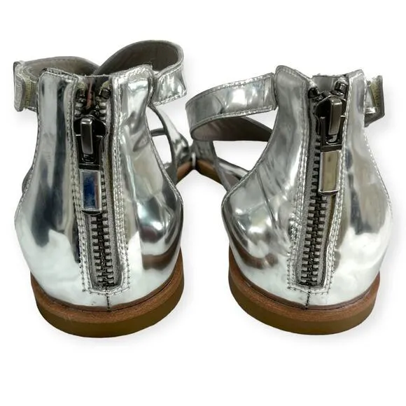 Eileen Fisher NEW CiCi Strappy Zip Leather Sandals Silver Mirror Metallic Sz 6.5