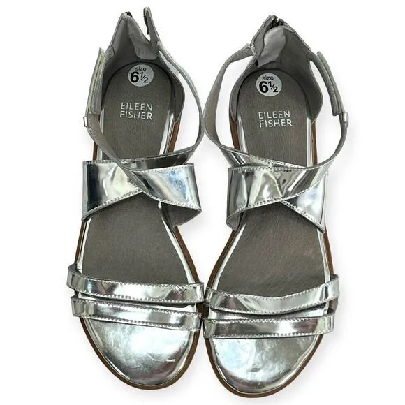 Eileen Fisher NEW CiCi Strappy Zip Leather Sandals Silver Mirror Metallic Sz 6.5