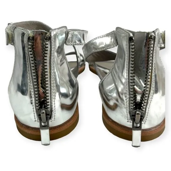 Eileen Fisher NEW CiCi Strappy Zip Leather Sandals Silver Mirror Metallic Sz 6.5