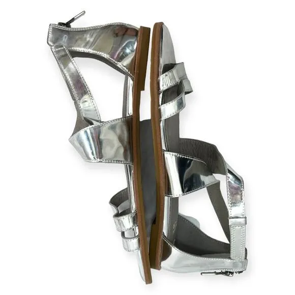 Eileen Fisher NEW CiCi Strappy Zip Leather Sandals Silver Mirror Metallic Sz 6.5