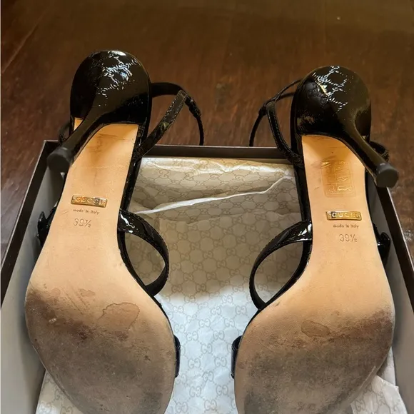 Elegant Gucci Black Patent Strappy Heels