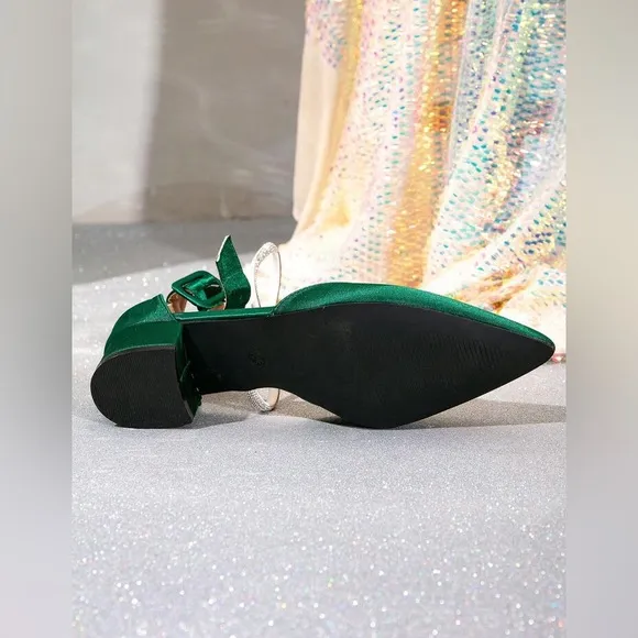Emerald Green Satin Low Block Heel Shoes