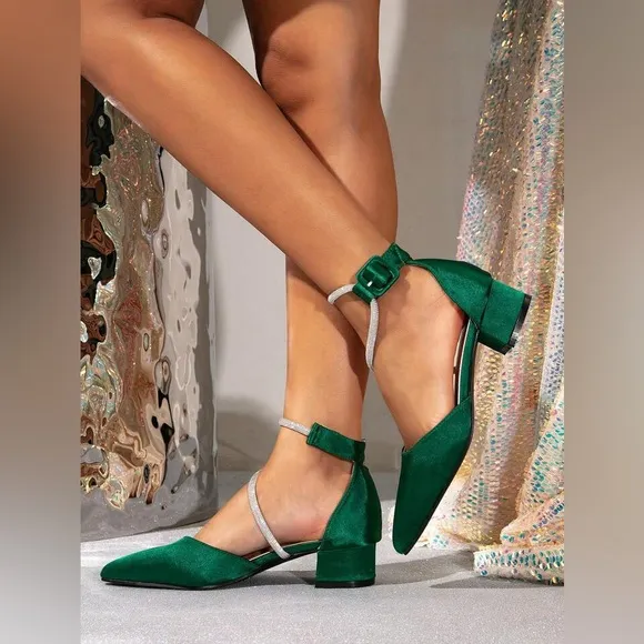 Emerald Green Satin Low Block Heel Shoes