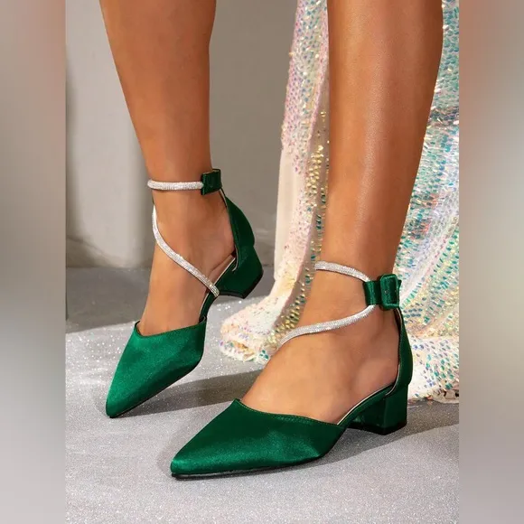 Emerald Green Satin Low Block Heel Shoes