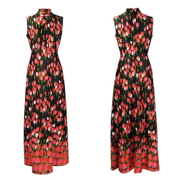 Emilio Borghese Vintage 1970's Maxi Sleeveless Hostess Tulips Dress S/M EASTER