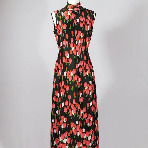 Emilio Borghese Vintage 1970's Maxi Sleeveless Hostess Tulips Dress S/M EASTER