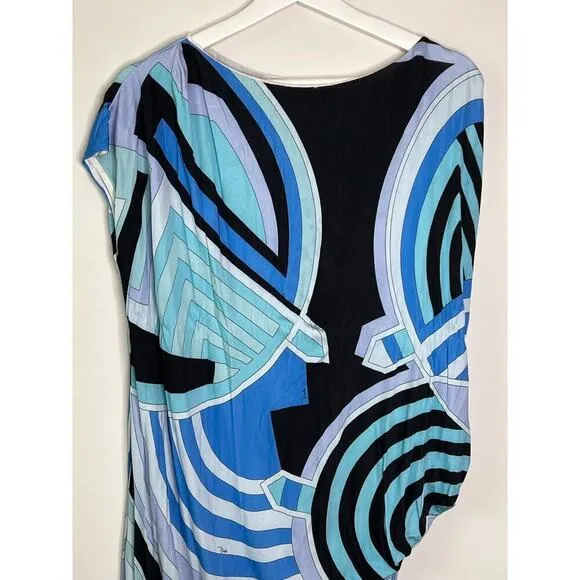 Emilio Pucci Abstract Print Boat Neck Midi Shift Dress Blue Size IT 44 (US M)