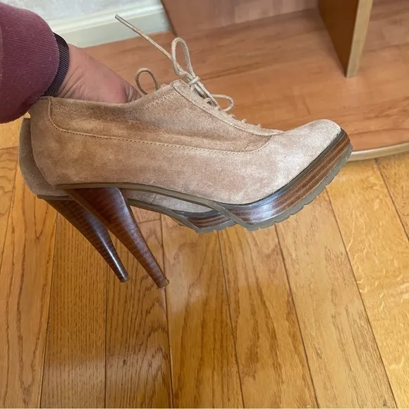 Envy Mary Sz 7 Lace Up Tan Beige Leather Suede Oxfords Shoes Pumps Stilettos