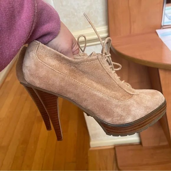 Envy Mary Sz 7 Lace Up Tan Beige Leather Suede Oxfords Shoes Pumps Stilettos