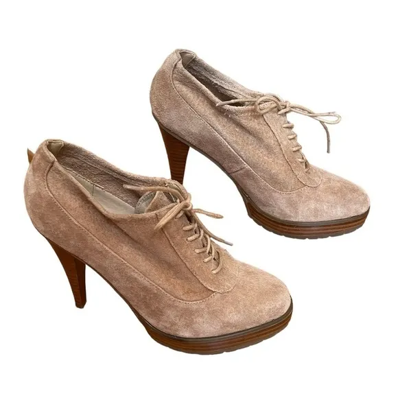 Envy Mary Sz 7 Lace Up Tan Beige Leather Suede Oxfords Shoes Pumps Stilettos