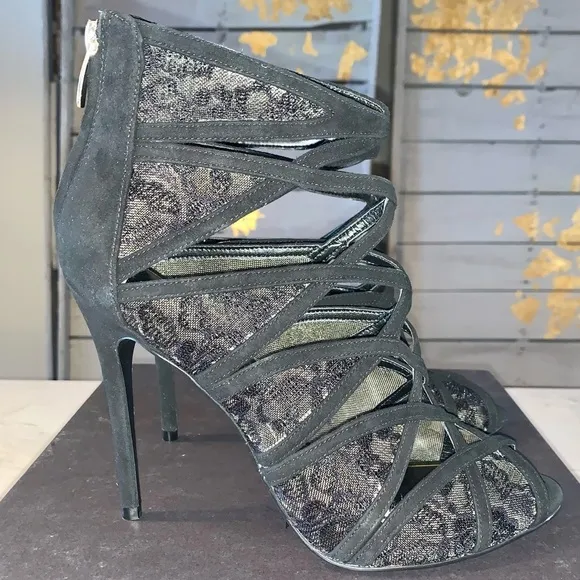 Enzo Angiolini Black Niccho Caged Lace Peep Toe Evening Heels Womens Size 9.5